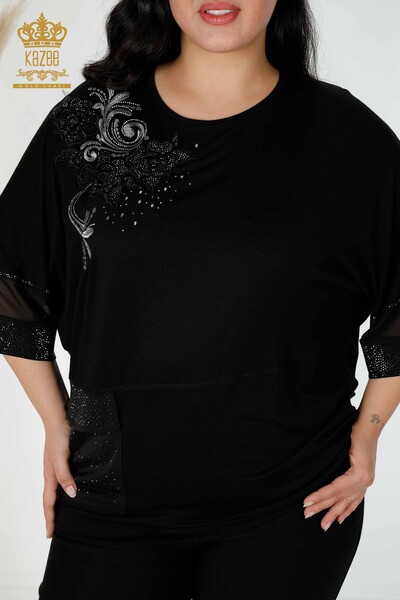 Bluză de damă cu ridicata cu buzunar cu model negru - 79025 | KAZEE - Thumbnail