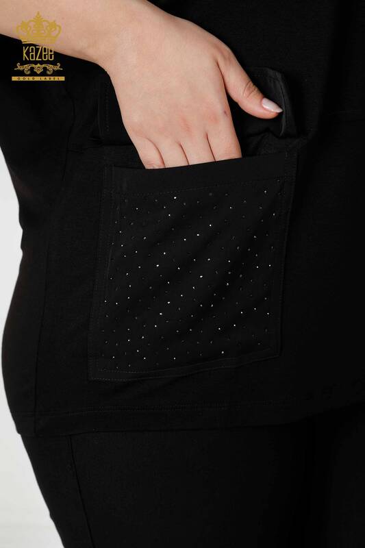 Bluză de damă cu ridicata cu buzunar cu model negru - 79025 | KAZEE