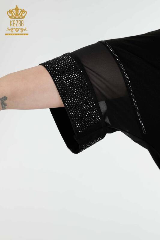 Bluză de damă cu ridicata cu buzunar cu model negru - 79025 | KAZEE