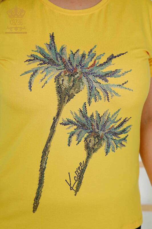 Bluză de damă cu ridicata cu model floral galben - 79369 | KAZEE
