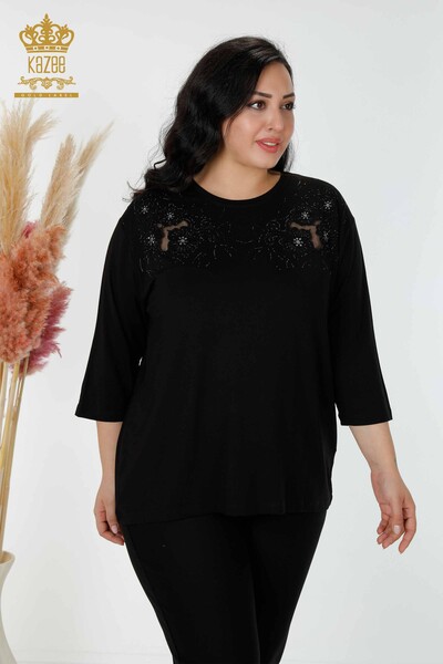 Bluză de damă cu ridicata cu modele florale neagră - 77990 | KAZEE - Thumbnail