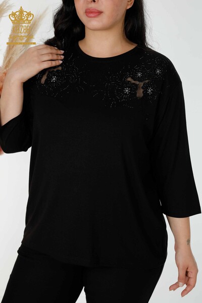 Bluză de damă cu ridicata cu modele florale neagră - 77990 | KAZEE - Thumbnail