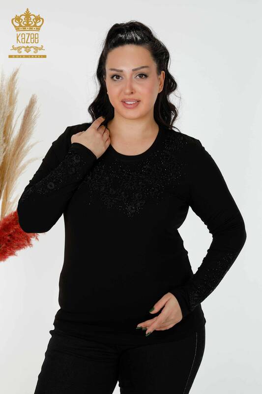 Bluză de damă cu ridicata cu modele florale neagră - 79010 | KAZEE