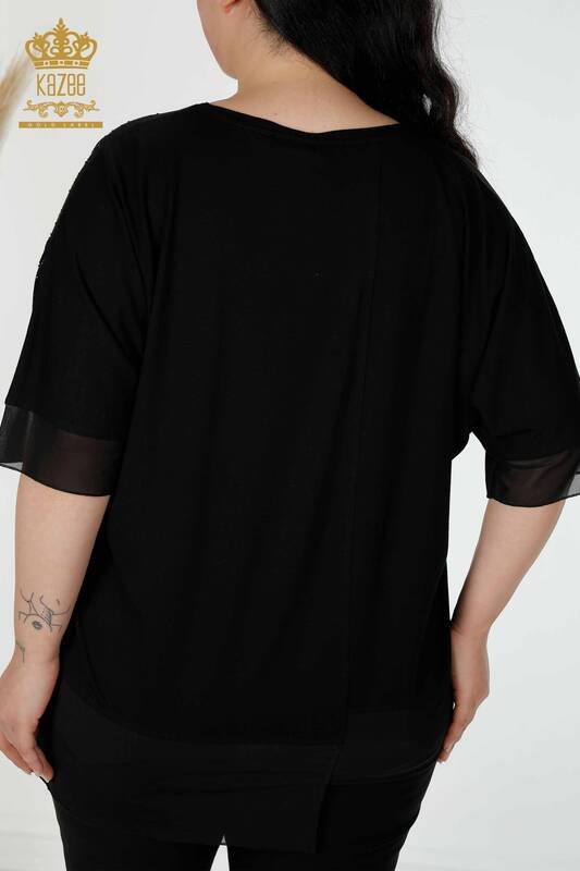 Bluză de damă cu ridicata cu modele florale neagră - 79031 | KAZEE