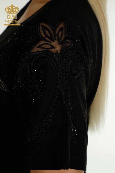 Bluză de damă cu ridicata cu model floral negru - 79093 | KAZEE - Thumbnail