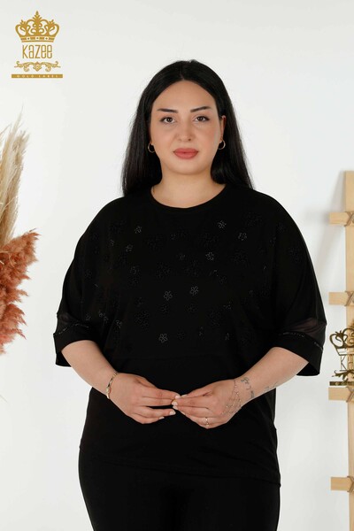 Bluză de damă cu ridicata cu modele florale neagră - 79100 | KAZEE - Thumbnail