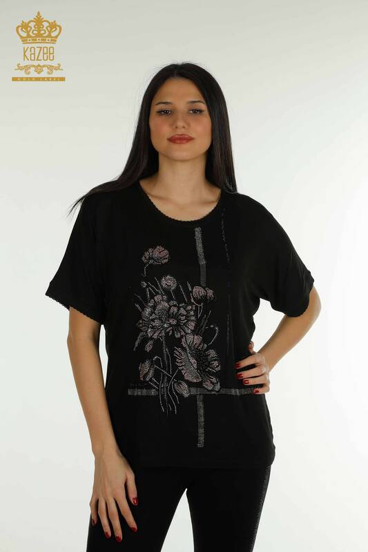 Bluză de damă cu ridicata cu modele florale neagră - 79306 | KAZEE