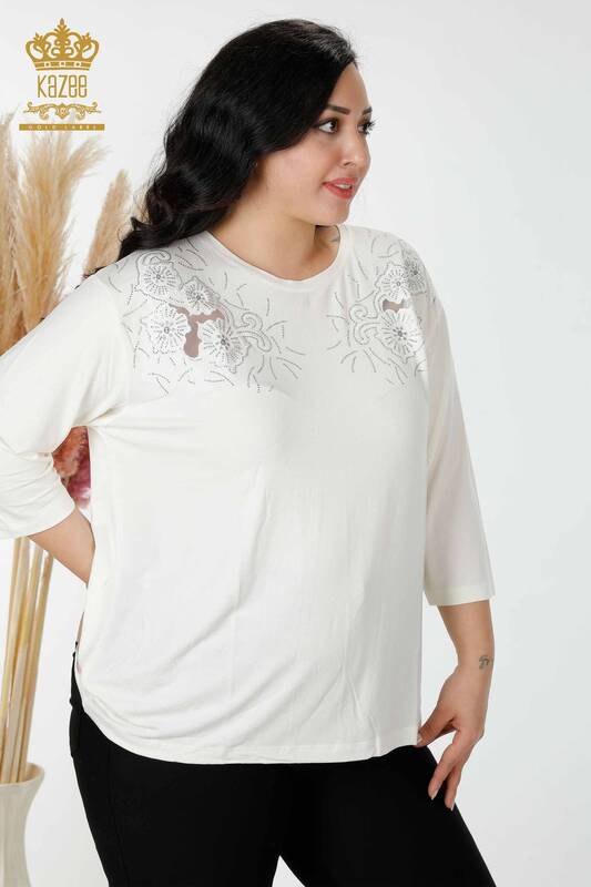 Bluză de damă cu ridicata cu modele florale Ecru - 77990 | KAZEE