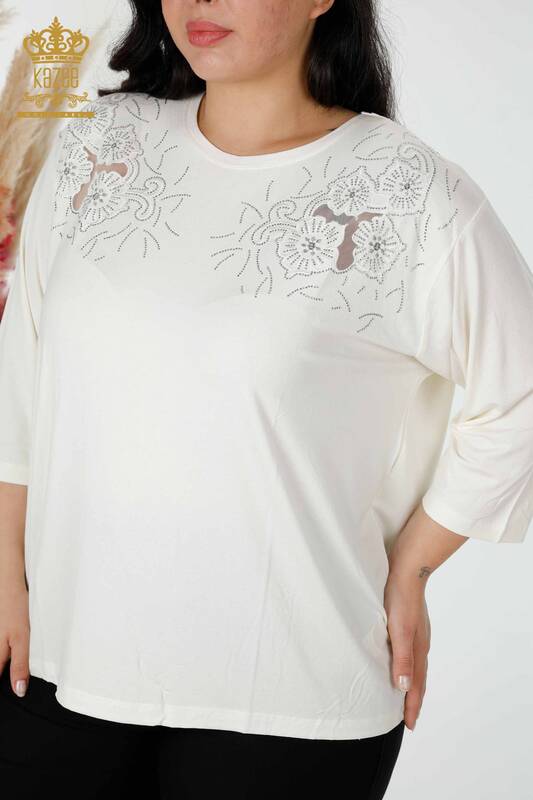 Bluză de damă cu ridicata cu modele florale Ecru - 77990 | KAZEE
