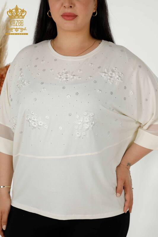 Bluză de damă cu ridicata cu modele florale Ecru - 79087 | KAZEE