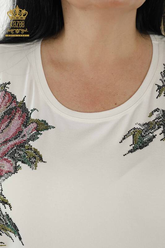 Bluză de damă cu ridicata cu modele florale Ecru - 79089 | KAZEE