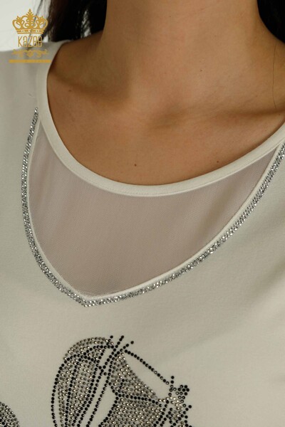 Bluză de damă cu ridicata cu modele florale Ecru - 79290 | KAZEE - Thumbnail