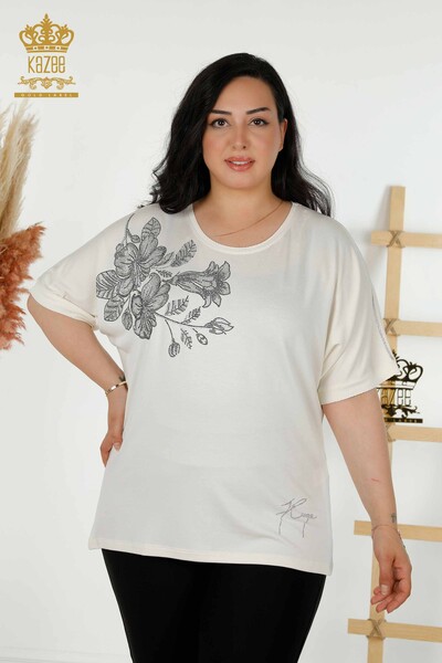 Bluză de damă cu ridicata cu modele florale Ecru - 79307 | KAZEE - Thumbnail
