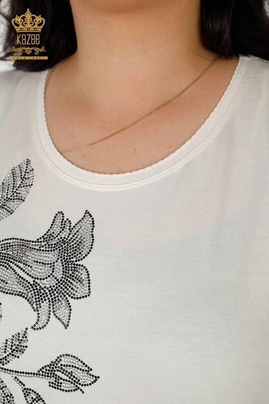 Bluză de damă cu ridicata cu modele florale Ecru - 79307 | KAZEE