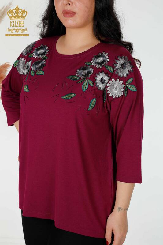 Bluză de damă cu ridicata cu modele florale Liliac - 78947 | KAZEE