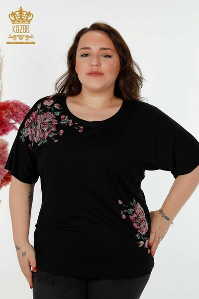 Bluză de damă cu ridicata cu modele florale neagră - 79052 | KAZEE - Thumbnail