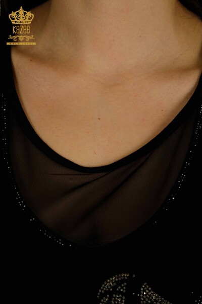 Bluză de damă cu ridicata cu model floral negru - 79290 | KAZEE - Thumbnail