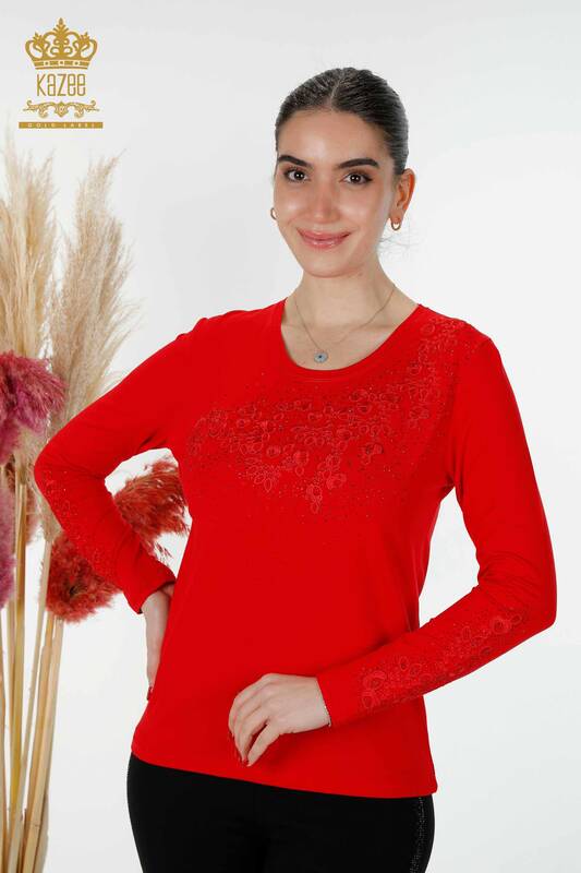 Bluză de damă cu ridicata roșu cu modele florale - 79010 | KAZEE