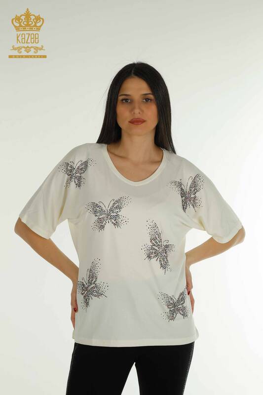 Bluză de damă cu ridicata cu model fluture Ecru - 79364 | KAZEE