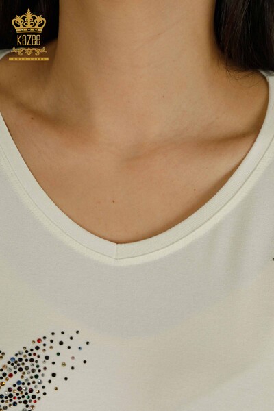 Bluză de damă cu ridicata cu model fluture Ecru - 79364 | KAZEE - Thumbnail