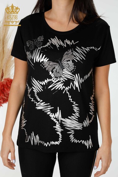 Bluză de damă cu ridicata cu model fluture negru - 78926 | KAZEE - Thumbnail