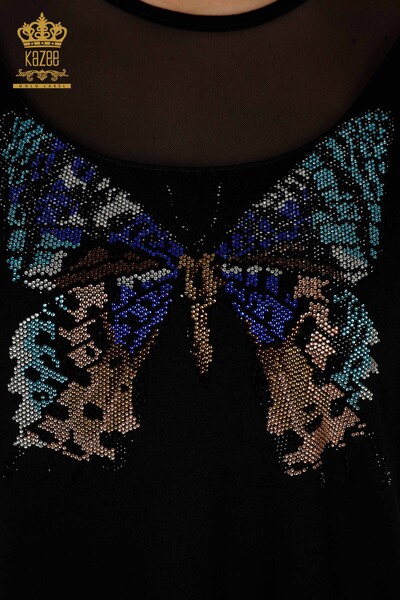 Bluză de damă cu ridicata cu model Fluture Negru - 79103 | KAZEE - Thumbnail