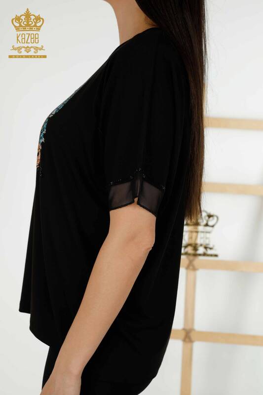Bluză de damă cu ridicata cu model Fluture Negru - 79103 | KAZEE