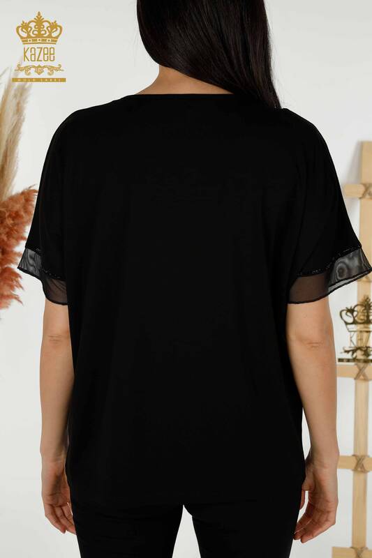 Bluză de damă cu ridicata cu model Fluture Negru - 79103 | KAZEE