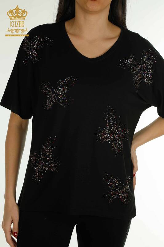 Bluză de damă cu ridicata cu model fluture negru - 79364 | KAZEE