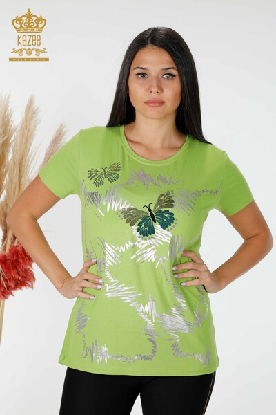 Bluză cu ridicata pentru femei cu model fluture verde fistic - 78926 | KAZEE - Thumbnail