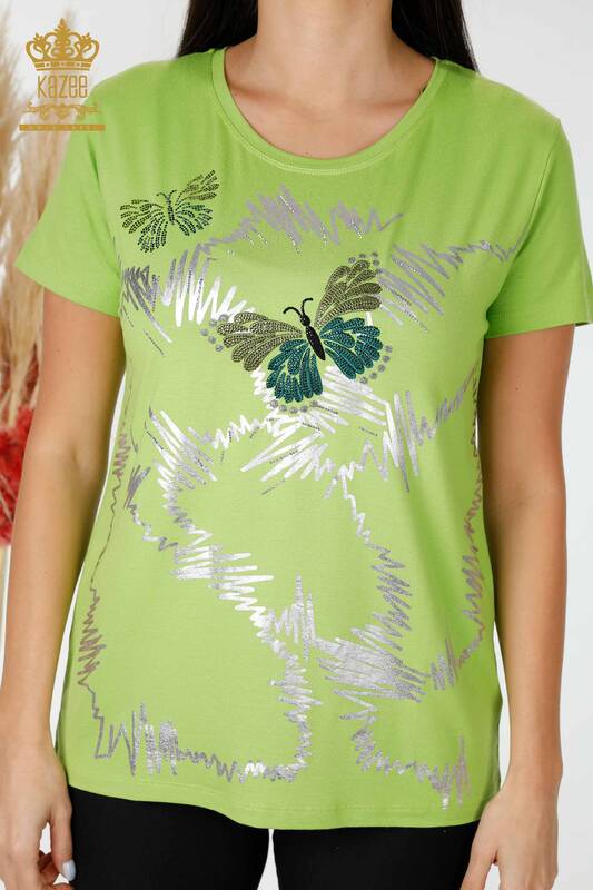 Bluză cu ridicata pentru femei cu model fluture verde fistic - 78926 | KAZEE