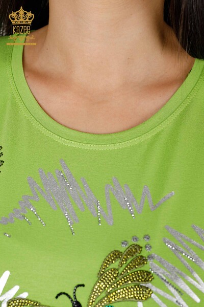 Bluză cu ridicata pentru femei cu model fluture verde fistic - 78926 | KAZEE - Thumbnail