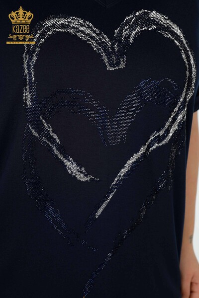 Bluză de damă cu ridicata cu model inimă bleumarin - 77711 | KAZEE - Thumbnail