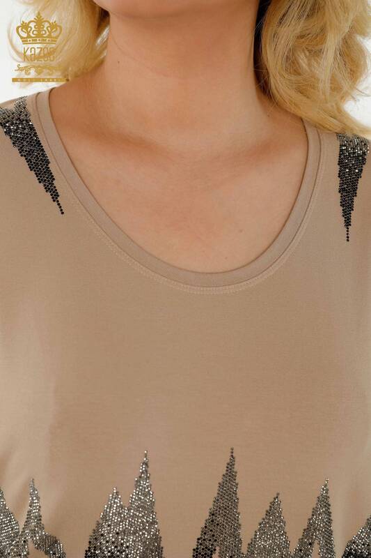 Bluză de damă cu mânecă scurtă cu model bej - 79109 | KAZEE