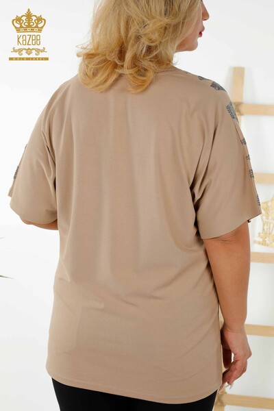 Bluză de damă cu mânecă scurtă cu model bej - 79109 | KAZEE - Thumbnail