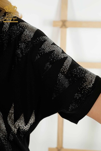 Bluză de damă cu mânecă scurtă cu model negru - 79109 | KAZEE - 4