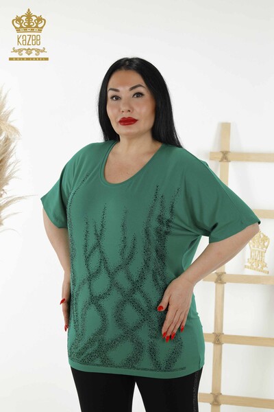 Bluză de damă cu mânecă scurtă cu model verde - 79070 | KAZEE - Thumbnail