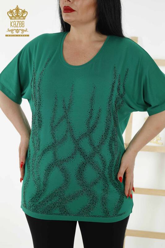 Bluză de damă cu mânecă scurtă cu model verde - 79070 | KAZEE