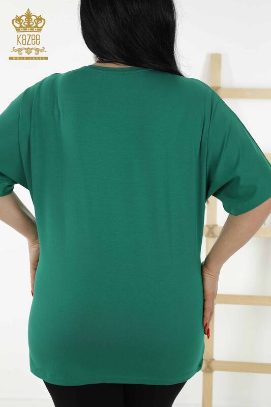 Bluză de damă cu mânecă scurtă cu model verde - 79070 | KAZEE
