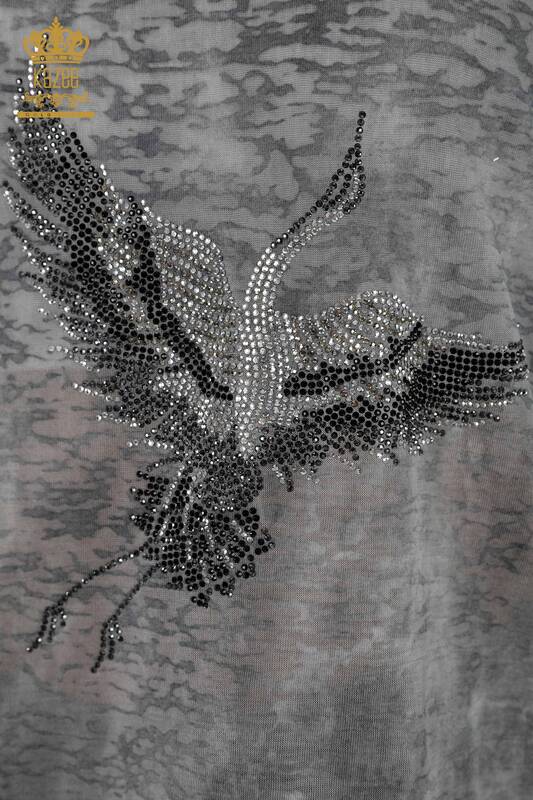 Bluză de damă cu ridicata Antracit cu model de păsări - 79124 | KAZEE