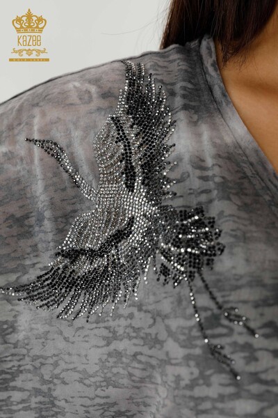 Bluză de damă cu ridicata Antracit cu model de păsări - 79124 | KAZEE - Thumbnail
