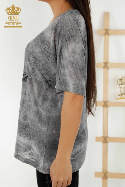 Bluză de damă cu ridicata Antracit cu model de păsări - 79124 | KAZEE - Thumbnail