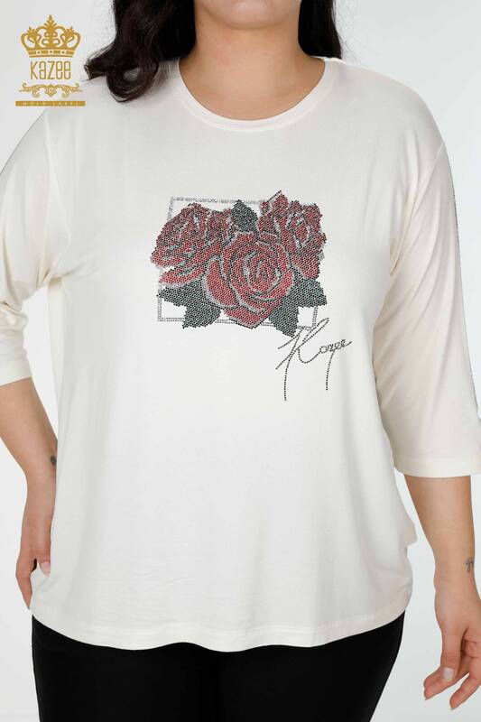 Bluză de damă cu ridicata cu model trandafir Ecru - 78951 | KAZEE