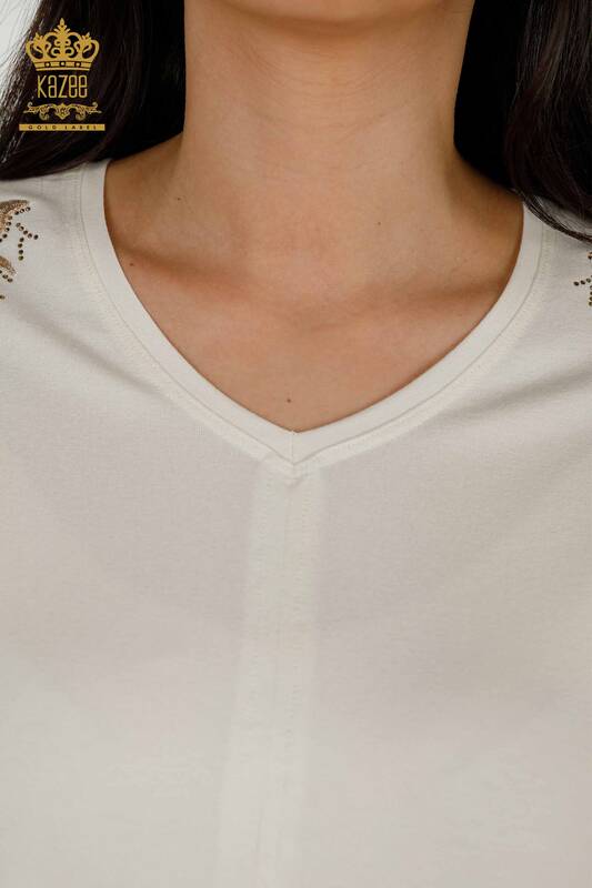 Bluză de damă cu ridicata cu model trandafir Ecru - 79095 | KAZEE