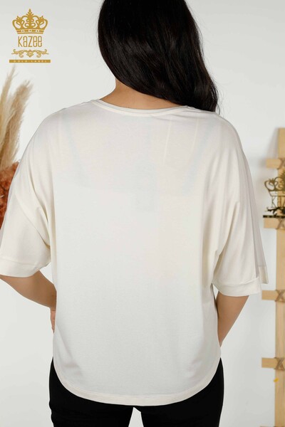 Bluză de damă cu ridicata cu model trandafir Ecru - 79095 | KAZEE - Thumbnail