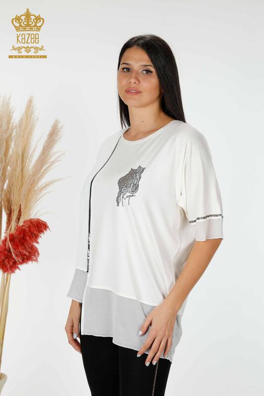 Bluză de damă en-gros cu model tul detaliat Ecru - 79027 | KAZEE