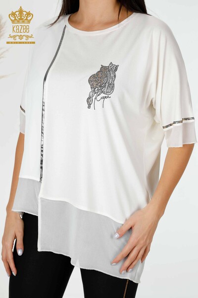 Bluză de damă en-gros cu model tul detaliat Ecru - 79027 | KAZEE - Thumbnail