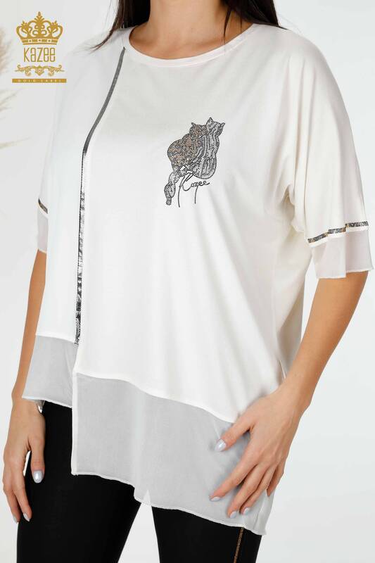 Bluză de damă en-gros cu model tul detaliat Ecru - 79027 | KAZEE