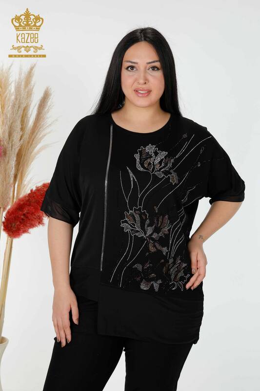 Bluză de damă cu ridicata din tul cu model negru - 79027 | KAZEE