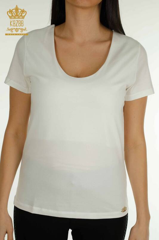 Bluză de damă cu ridicata Basic Logo Ecru - 79190 | KAZEE